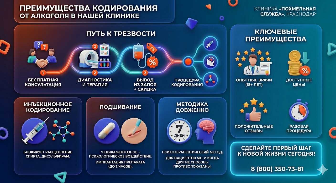 Инфографика о методах кодирования от алкоголя в Дубровке: инъекции, подшивание, метод Довженко. Преимущества клиники и этапы лечения.