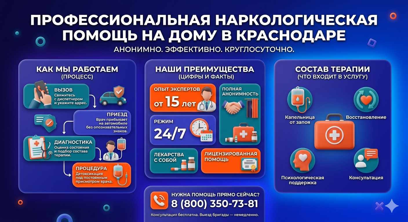 Инфографика о принципах лечения алкоголизма на дому в Дубровке: этапы вызова нарколога, преимущества анонимной детоксикации и состав медицинской помощи.